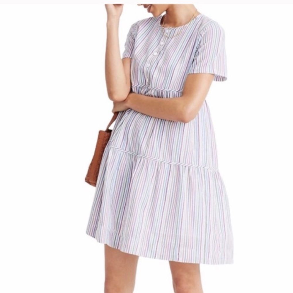 Madewell Striped Crewneck Button-Front Tiered Mini Dress